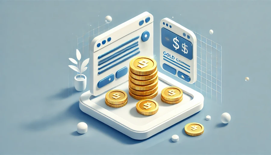 Ilustracja przedstawiająca stos złotych monet na platformie z dwoma panelami interfejsu użytkownika w tle, ozdobiona rośliną i ikonami dolara.