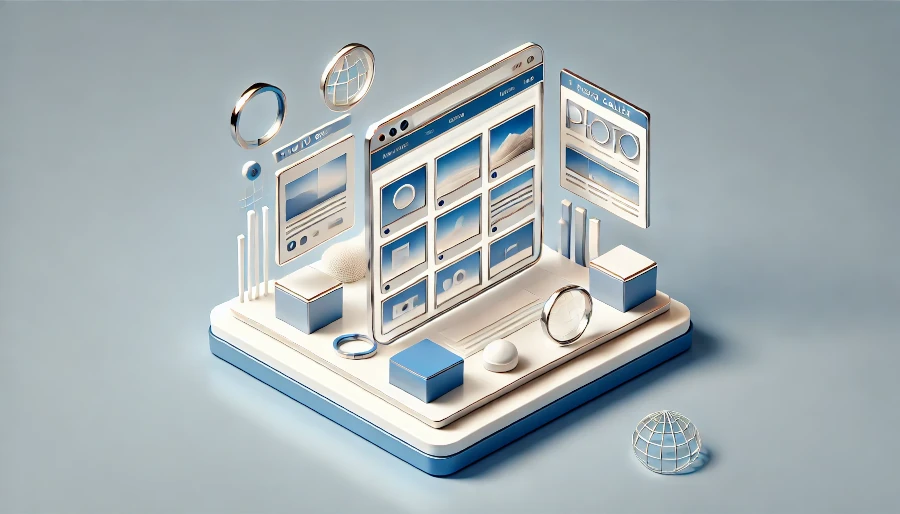 Ikoniczna ilustracja przedstawiająca stylizowany interfejs użytkownika z oknami i panelami na podwyższonej podstawce, otoczony ikonami i elementami dekoracyjnymi.