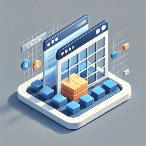 ikona w stylu 3D przedstawiająca ekran z siatką i wykresami, z kolorowymi klockami i ikonami na jasnoszarym tle.