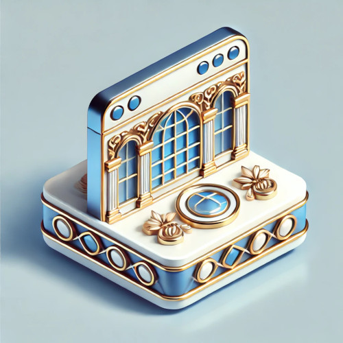Ikona w stylu 3D przedstawiająca ozdobny budynek z dużymi oknami i złotymi detalami na jasnym tle.
