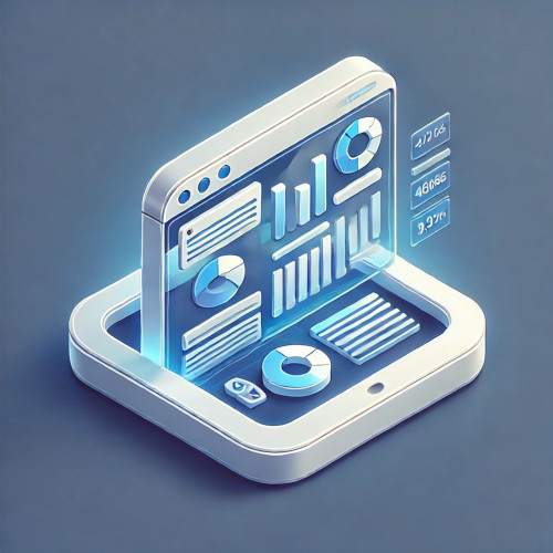 Ikona w stylu 3D przedstawiająca ekran z wykresami i danymi statystycznymi na ciemnoniebieskim tle.
