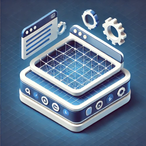 Ilustracja 3D przedstawiająca przeglądarkę internetową z siatką 3D i ikonami zębatek, symbolizującymi ustawienia i konfigurację. Elementy są uniesione nad podstawą, tworząc efekt przestrzenny. Obraz utrzymany w odcieniach niebieskiego i bieli.