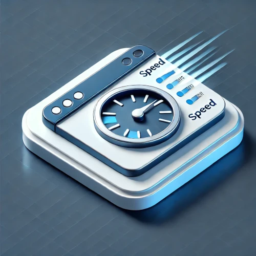 Ilustracja 3D przedstawiająca prędkościomierz w przeglądarce internetowej, z przesuwającymi się suwakami oznaczonymi słowem „Speed”, sugerującymi regulację prędkości. Obraz utrzymany w odcieniach niebieskiego i bieli.
