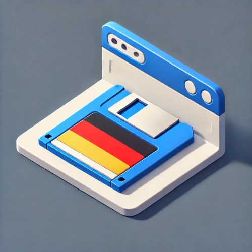 Ilustracja 3D przedstawiająca niebieską dyskietkę z flagą Niemiec na etykiecie, umieszczoną na białej podstawce przypominającej interfejs przeglądarki. Obraz jest utrzymany w odcieniach niebieskiego, białego oraz barwach niemieckiej flagi.